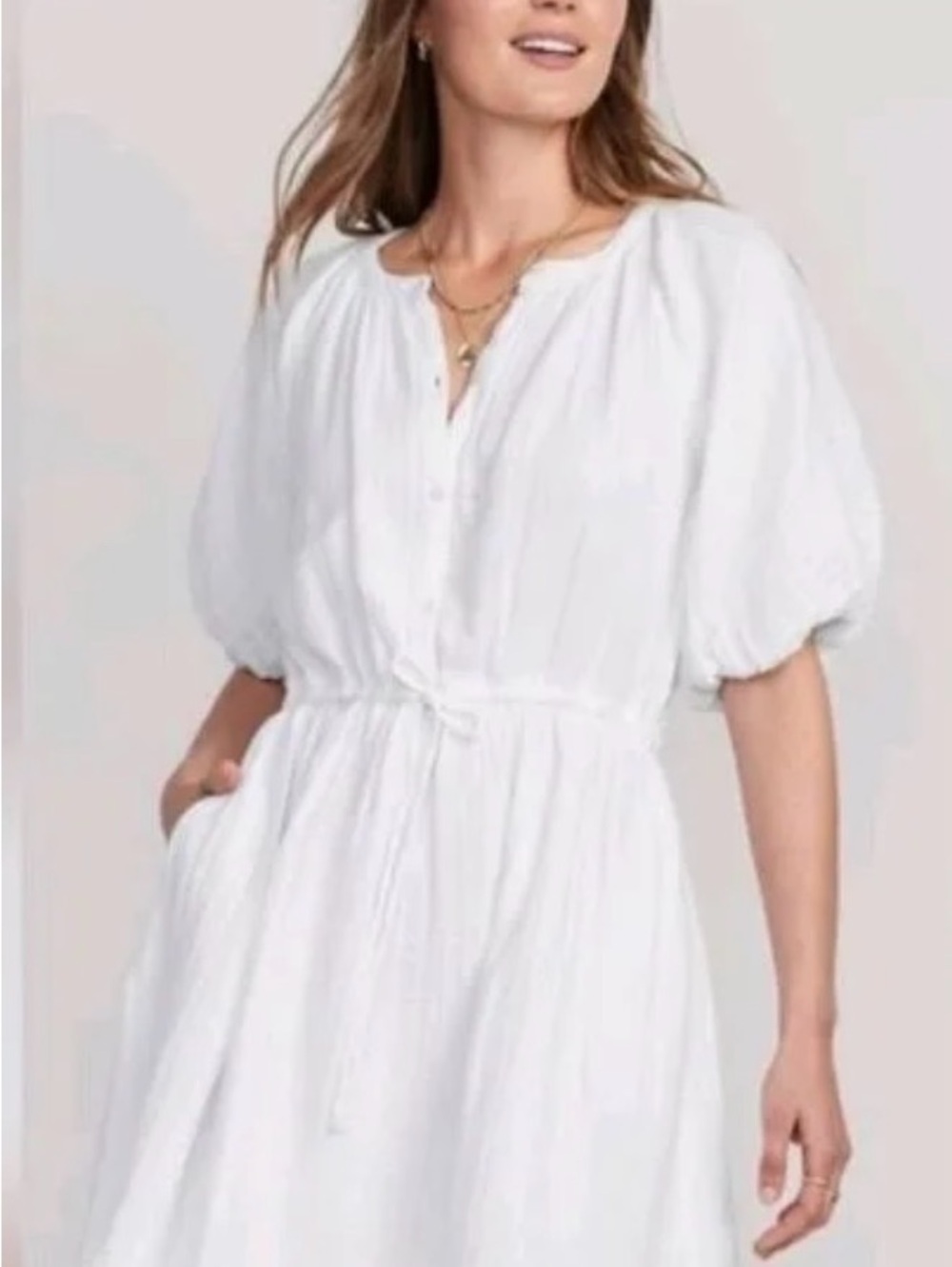 Old Navy White Puff-Sleeve Tie-Waist Midi Dress